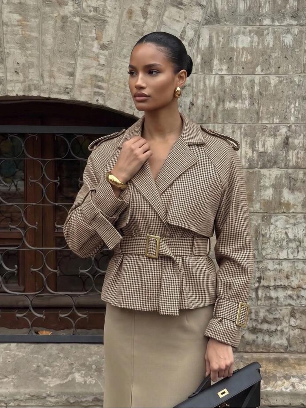 Lumalex Women's Autumn/Winter Casual Loose Houndstooth Short Trench Coat,Elegant
